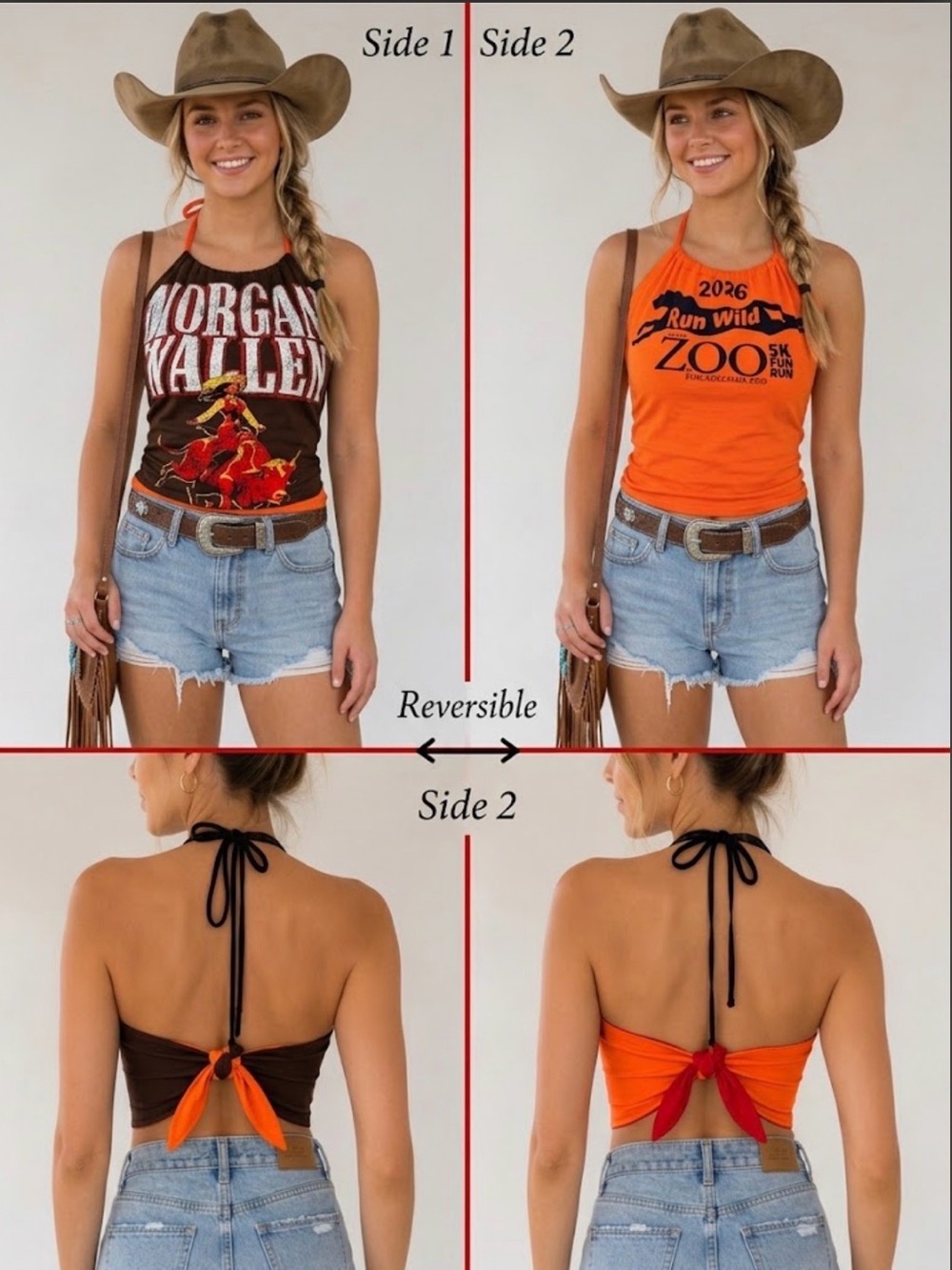 Brown & Orange handmade reversible Morgan Wallen Halter Crop Top. Best fits xs-m